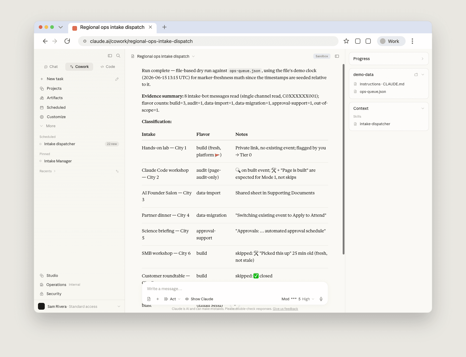 Dispatcher 스킬이 Slack 요청을 읽고 전문 스킬로 넘기는 구조입니다. 원본 이미지는 데모 데이터로 편집된 화면입니다.